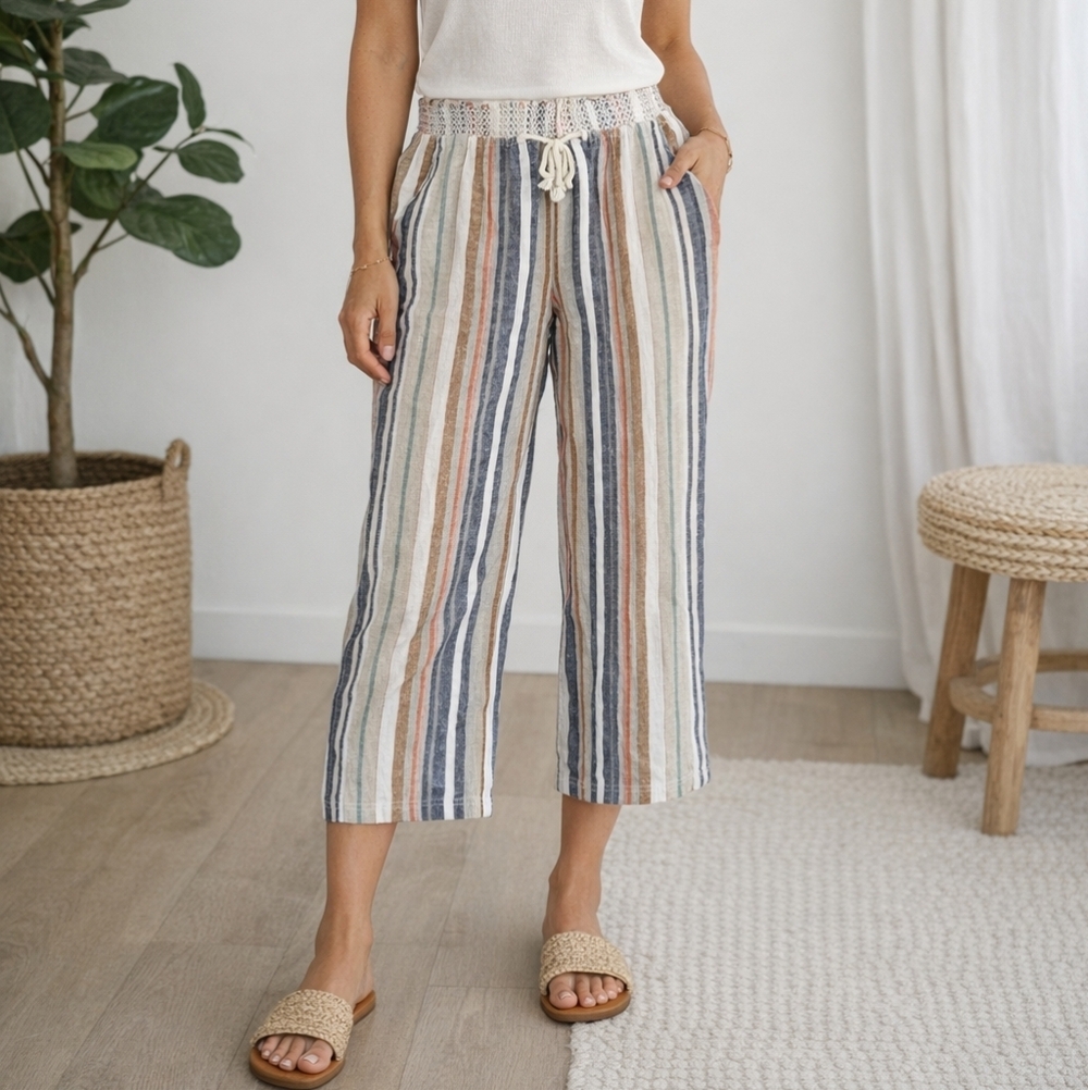 Style Me Petites Linen Blend Striped Crop Pants L